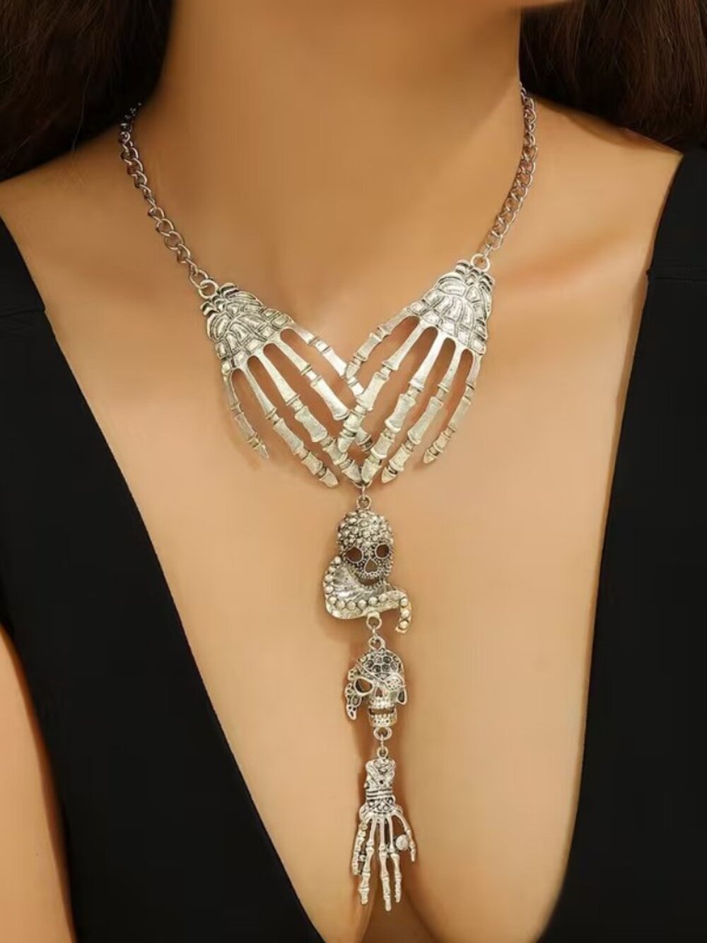 Halloween Gothic Steam Punk Vintage Style Hands Holding Skulls Necklace